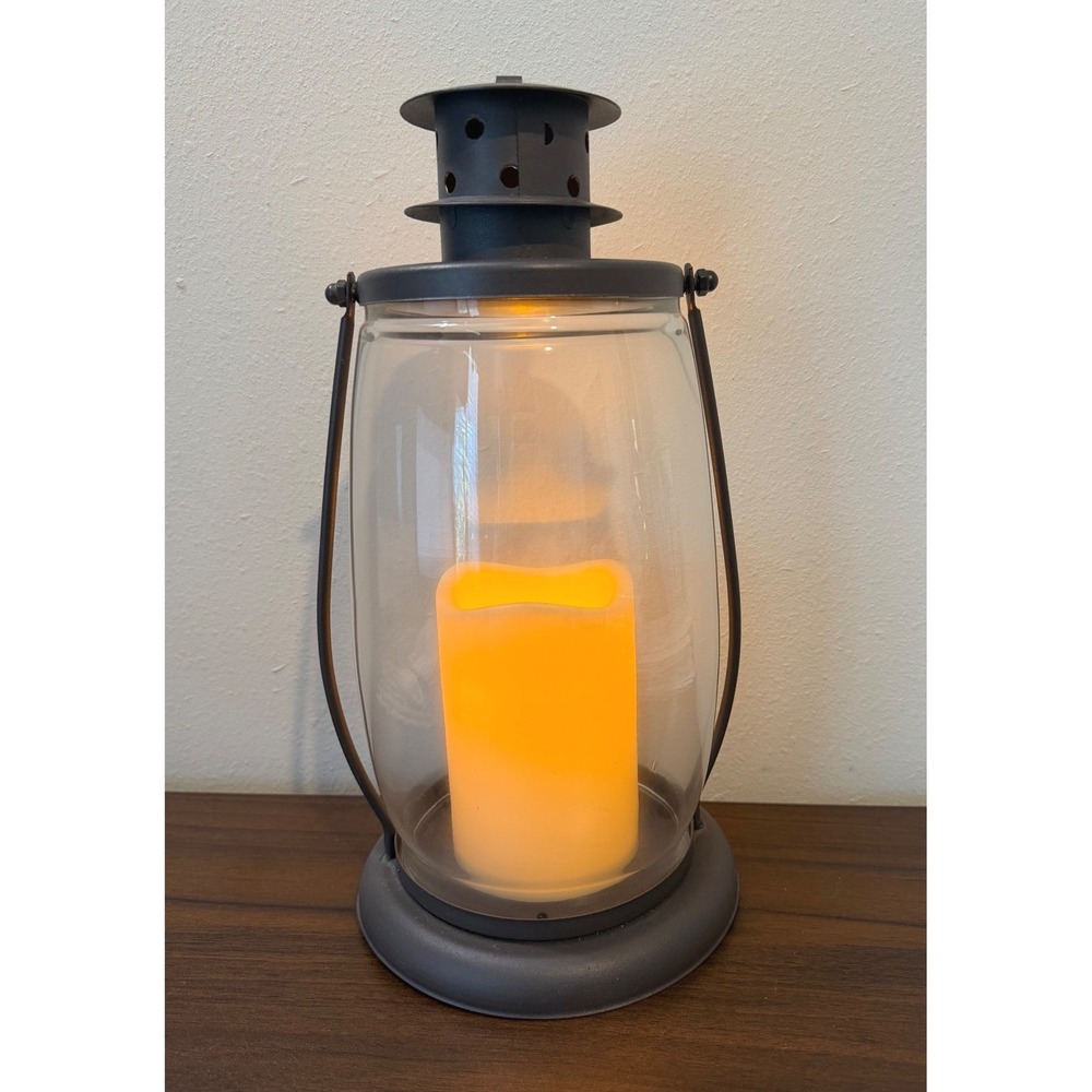 Rustic Bronze Metal and Glass 12" Flameless LED Candle Lantern Battery Operated